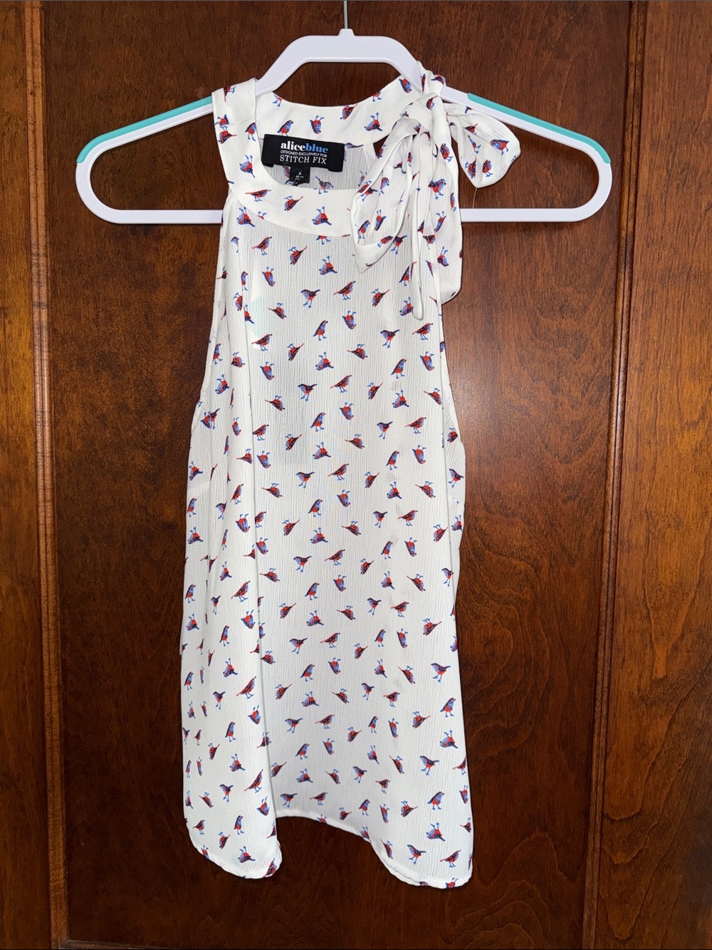 Alice Blue White Halter Tie-Shoulder Top with Red & Blue Bird Print